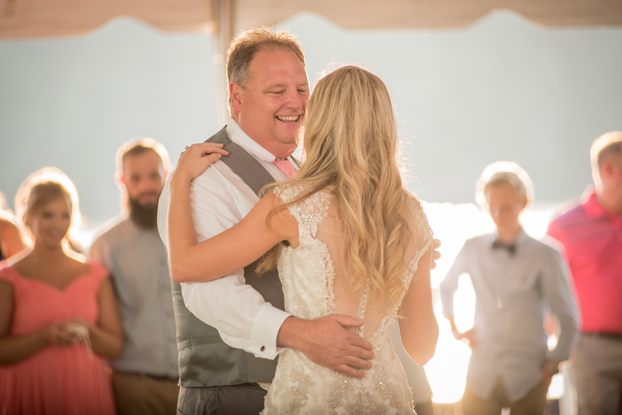  Of course, Dad could not let the Groom have all the fun so he &amp; Leah did a coregraphed dance to a mix of songs that included: "Daughters"-John Mayer, "Grease Lightning", "Apache"- Sugarhill, "Jump On it" and lastly "Stayin' Alive" by the Bee Gee